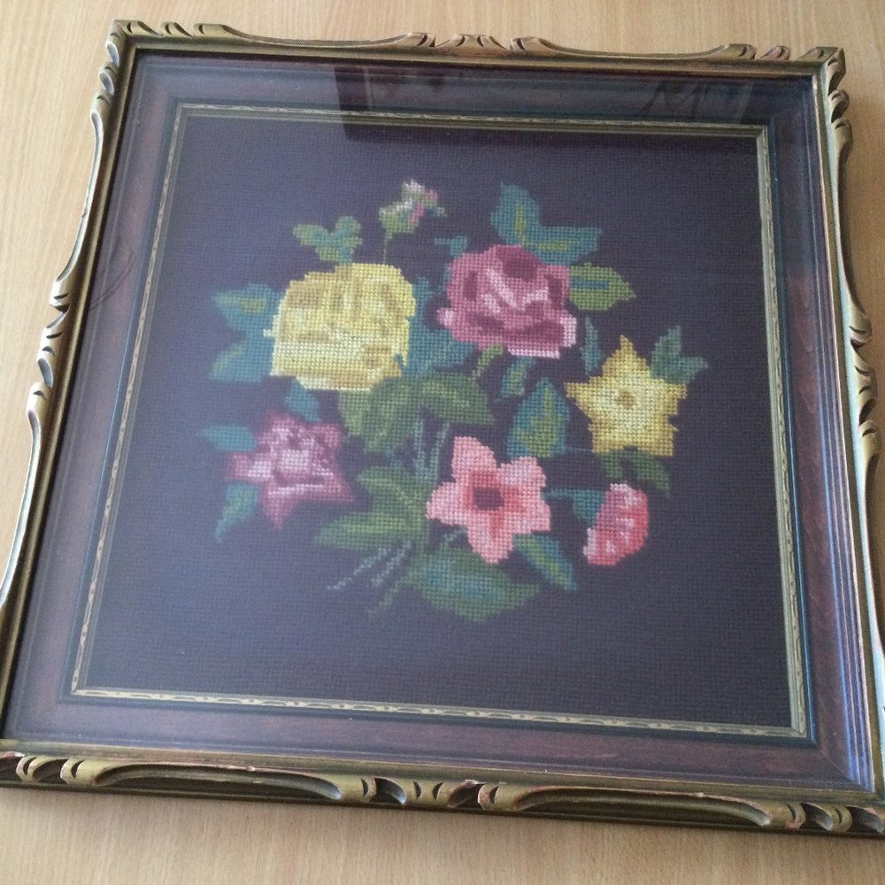 Vintage needlework yarn art embroidery with vintage solid wood frame flowers